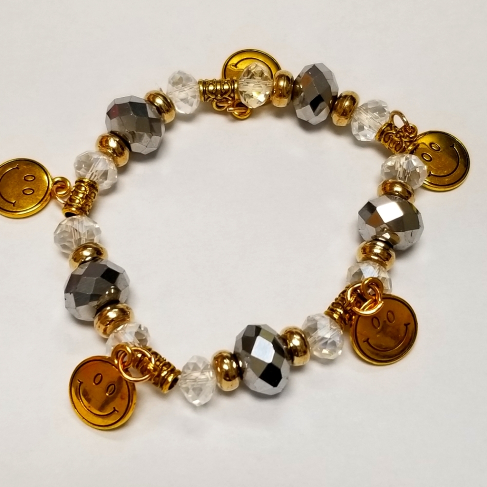 Tri Gold Beaded Charm  Bracelet Smiley charms dangels New